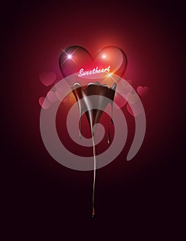 Heart transparent glass dipping melted chocolate on heart bokeh background with sweetheart concept for Valentine`s day, vector bac