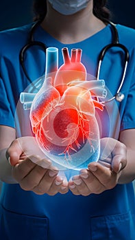 Heart transplant 3D organ hologram held by close up image photo, symbolizing medical advancements in transplantation
