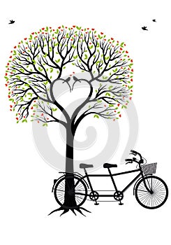 Heart tree with birds and bicycle, vector
