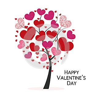 Heart tree with red shining sparkle hearts. Happy Valentine`s day greeting card