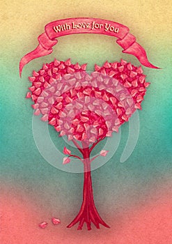 Heart Tree with ribbon hand drawn by Gouache paint. Fantasy illustration