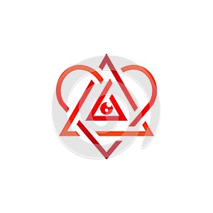 Heart triangle eye logo shape geometric symbol icon, triangle and heart sign with red illuminati eye logo symbol icon