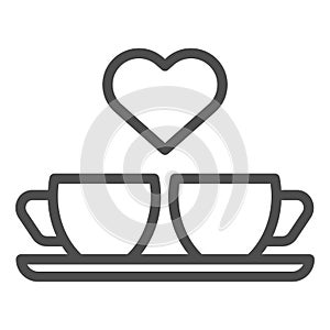 Heart and two coffee cups line icon. Two mugs and heart vector illustration isolated on white. Romantik drink outline photo