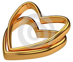 Heart with two connected gold wedding rings isolated on png transparent background. Love