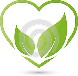 Heart and two leaves, nature and vegan logo