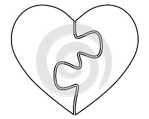 Heart from two puzzles - vector linear picture for coloring - a symbol of two halves. Love and Monogamous traditional relationship