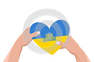 Heart in Ukrainian national flag colors in hands. Human gives heart with text - save Ukraine. Concept of support, charity