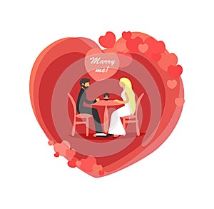 Heart for Valentine`s Day. A man proposes to marry a girl. Vector color isolated illustration.