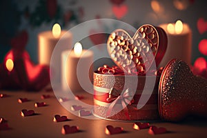 Heart Valentines Day gift boxes, heart shaped chocolate love a festive mood, everything glitters, close-up. 3d illustration