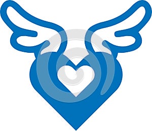 Heart vector icon, Love icon, Love wings blue vector icon.