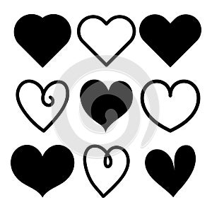 Heart vector. Love icon of black hearts scribble. Hand drawn cartoon design isolated on white background. Elements for Valentines.