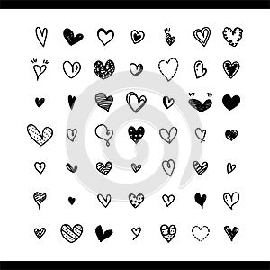 Heart vector. Love icon of black hearts scribble. Hand drawn cartoon doodle design isolated on white background. Elements.