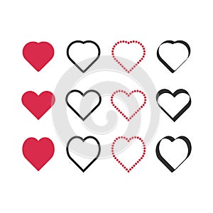 Heart vector. Set of hearts icon Red and Black Outline on white background.