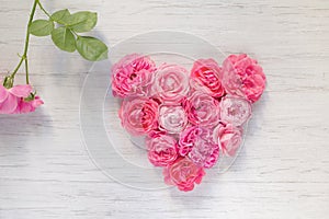 Heart of vintage pink rose flowers on white wooden background and branch with green leaf, top view