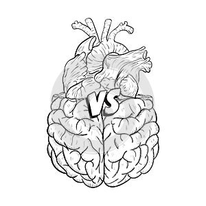 Heart vs brain. Concept of mind against love fight, difficult choice. Hand drawn black and white vector illustration.