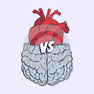 Heart vs brain. Concept of mind against love fight, difficult choice. Hand drawn vector illustration.