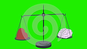 Heart vs brain on scales on a green screen