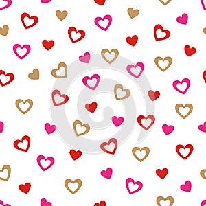 Heart wallpaper. Hand drawn hearts seamless pattern. Valentines day wrapping paper. Bright doodle heart confetti