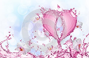 Heart from water splash with bubbles