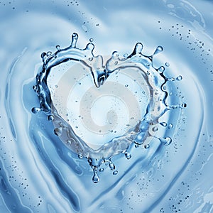 Heart from water splash with bubbles on blue water background