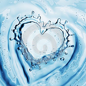 Heart from water splash with bubbles on blue water background