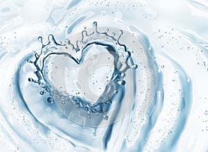 Heart from water splash with bubbles on blue water background