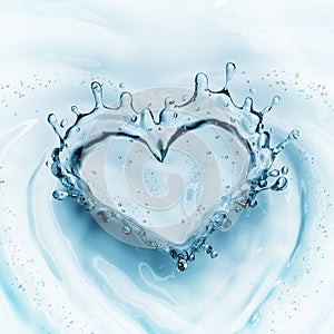 Heart from water splash with bubbles on blue water background