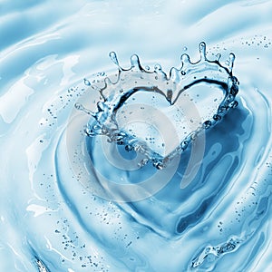 Heart from water splash with bubbles on blue water background