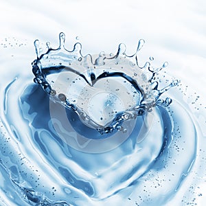 Heart from water splash with bubbles on blue water background