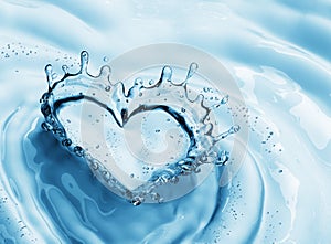 Heart from water splash with bubbles on blue water background