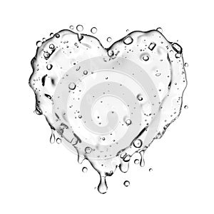 Heart from water splash with bubbles isolated on white