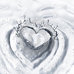 Heart from water splash with bubbles on white