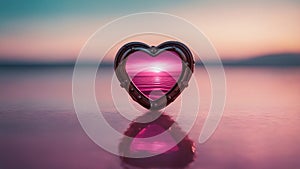 heart in the water a steampunk isolated pink heart above a reflective sea.