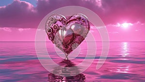 heart in the water a steampunk, Isolated pink heart above a reflective sea. Metaphor for reflection