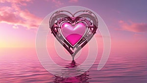heart in the water steampunk, Isolated pink heart above a reflective sea. Metaphor for reflection