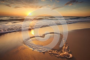 Heart waves with sunset view on beach sand. Generate ai