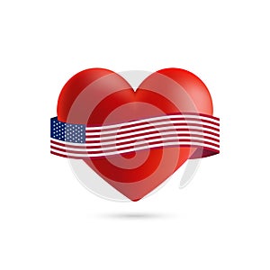 Heart with waving USA flag. Vector illustration.