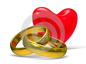 Heart and wedding rings on white background