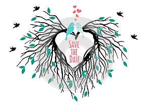 Heart wedding tree with birds, vector