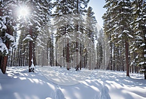 In the heart of the wilderness, a pristine snow-covered pine forest stands tall, its tranquil beauty untouched by human