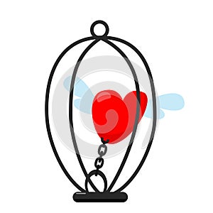 Heart with wings in a cage in cartoon style isolated on white background. The concept of toxic love relationships.