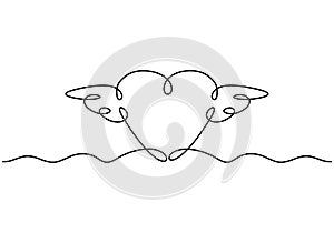 Heart with wings, continuous one line drawing. Simplicity hand drawn, symbol of love. Good for valentine`s day banner greeting