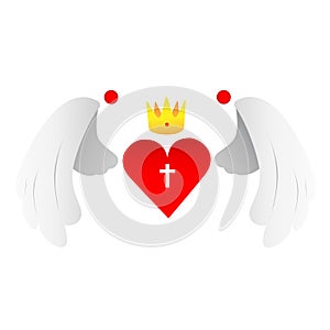 Heart wings with golden crown and cross symbol vector illustration