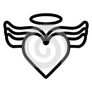 Heart with wings and halo on top vector icon. Black and white love illustration. Outline linear icon of heart.