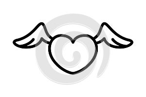 Heart with wings icon. Linear logo of Valentine`s Day. Black Illustration of frivolity, flirt and beguin. Contour isolated vector photo