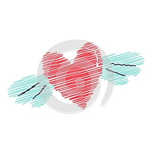 Heart with wings pop art. Simple Hand Drawn. line art. doodle Retro style. flat icon vector