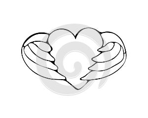 Heart with wings in vector. Black and white illustration hand drawn line. Coloring cute Doodle. Winged hearts cartoon style.