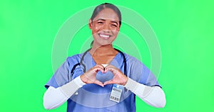 Heart, woman and doctor on green screen, cardiovascular check and healthcare or cholesterol, care sign and service. Face