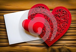 Heart on a wooden table. Valentines Day greeting card