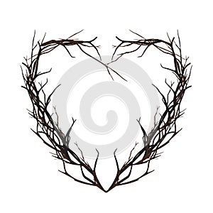 Heart woven of twigs. Decorative floral frame.